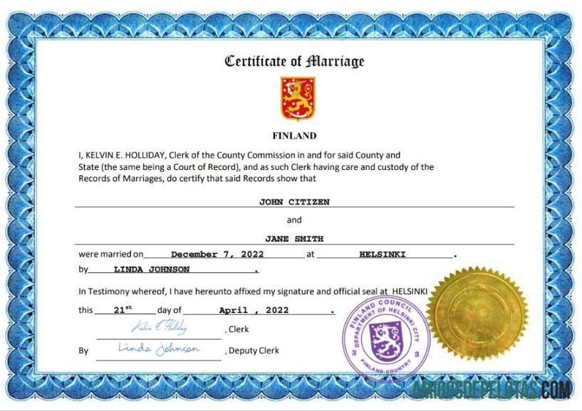 Imprimível modelo Word e PDF de certidão de casamento na Finlândia